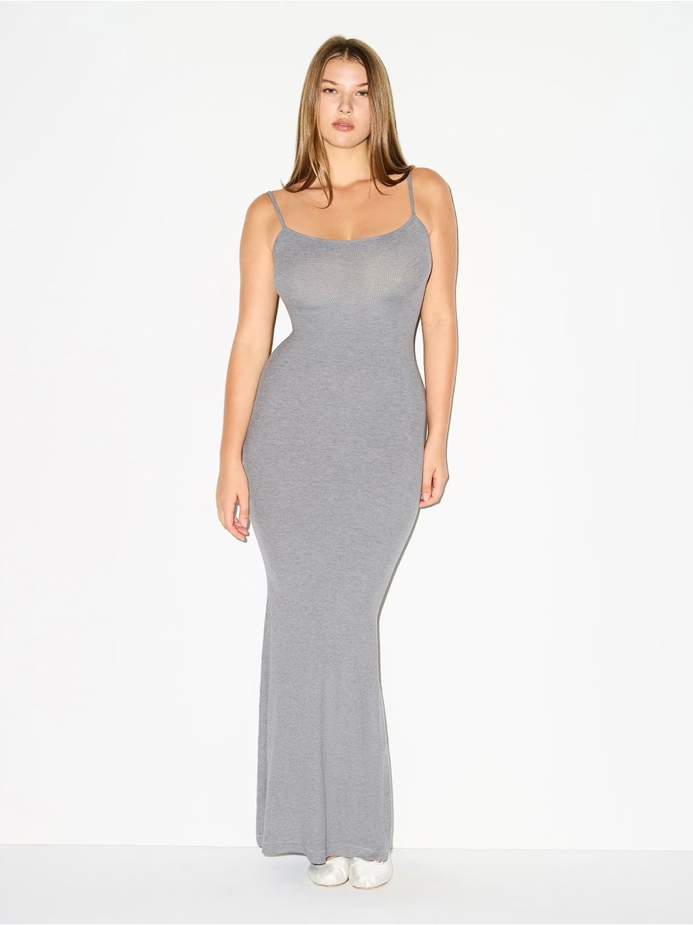 Skims Soft Lounge Long Slip Dress Heather Gray Ribbed Maxi Bodycon